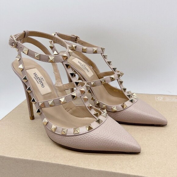 Valentino Rockstud Ankle Strap Pumps 100 Heel Poudre LeatherEU 36 - Picture 3 of 15